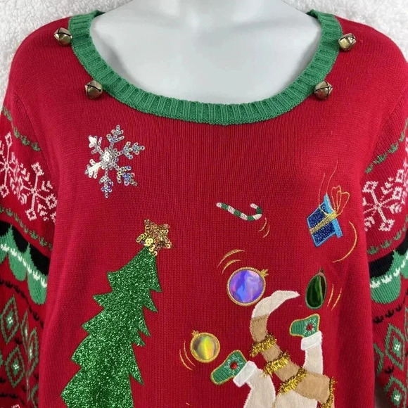 33 Degrees 3XL Merry Bright Ugly Christmas Sweater Cat Boots Embellished Holiday - Picture 6 of 13
